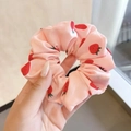 Pink strawberry print organza scrunchie with elastic hair tie for women and girls - Strawberry Red
