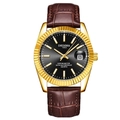 Men's luminous quartz watch with gold fluted bezel, black dial and brown leather strap - Brown Strap Gold Case Black Dial Men's