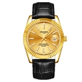 Close-up of gold quartz watch with black leather strap and calendar date display - Black Strap Gold Case Gold Dial Men's