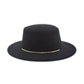 Classic black flat top wool fedora hat with gold metal trim and wide brim for women - M (56-58cm) / Black