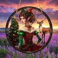 Detail of round Christmas ornament with festive illustration and golden hanging string - 15x15cm