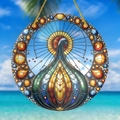 Detail of colorful acrylic suncatcher with peacock pattern and gold hanging cord - 15x15x0.2cm / Abstract Peacock Pattern (6)