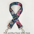 Close-up of adjustable pink and blue floral crossbody bag strap with silver metal hooks - Pink-Blue Floral / Silver Hooks