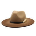 Detail eines Fedora-Hutes mit schwarzem Band und goldenem Feder-Accessoire am Rand - M(56-58cm) / Braun