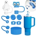 Blue silicone accessory kit with polar bear and monster straw covers for water bottles - Blue Polar Bear & Monster Set