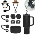 Zwarte siliconen accessoiresset voor Stanley cup inclusief rietjesdoppen en stoppen - Zwarte Pinguïn & Cowboyhoed Set