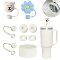 Siliconen accessoireset voor drinkbekers met beer- en bloemvormige rietjesdoppen - Crème Beer & Bloem Set