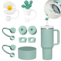 Light green Stanley cup accessory set with daisy straw covers and silicone spill stoppers - Light Green Cactus & Daisy Set