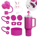Pink silicone accessory set for tumblers including straw covers and spill stoppers - Pink Heart & Rabbit Set