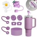 Purple and white silicone accessories set with grape and daisy straw covers for tumblers - Purple Grape & Daisy Set