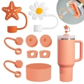 Orange silicone accessories set featuring starfish straw cover and matching boot for water cups - Orange Starfish & Daisy Set