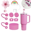 Pink tumbler accessory set with cherry blossom straw cover and silicone spill proof stoppers - Pink Sakura & Rainbow Set