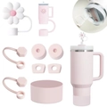 Pink silicone accessory set for water bottles including straw covers and splash-proof plugs - Pink Daisy Full Accessory Set