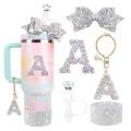 Silver rhinestone accessory set with initial A for Stanley 30oz cup and straw cover - Style 1 (Letter A)