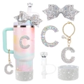Gradient water bottle accessories set with silver diamond letter C charm and straw cover - Style 2 (Letter C)
