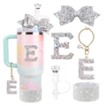 Silver rhinestone letter E accessory set for 30oz tumbler with glitter bow and straw cover - Style 3 (Letter E)