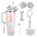 Pink blue gradient tumbler with sparkly rhinestone letter I charm and diamond straw cover set - Style 6 (Letter I)