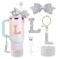 Sparkling water bottle accessory set with rhinestone bow and letter L charm for 30oz cup - Style 8 (Letter L)