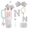 Pink gradient tumbler set with silver glitter letter N charm and sparkly bow accessories - Style 10 (Letter N)