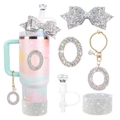 Glitter pink purple water bottle accessory set with letter O charm and straw cover - Style 11 (Letter O)