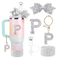Sparkling diamond letter P accessory set with straw covers for Stanley Cup 30oz - Style 12 (Letter P)