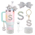 Gradient 30oz water bottle with initial S rhinestone charms and glitter bow accessories - Style 14 (Letter S)