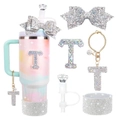 Sparkling pink gradient water bottle set with silver rhinestone T letter and bow - Style 15 (Letter T)