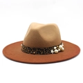 Two-tone wool felt fedora hat with leopard ribbon, pearls and wide brim for women - M (56-58cm) / Caramel color