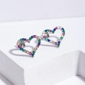 Fashionable heart-shaped stud earrings with colorful zircon stones on a white stand - Silver With Colorful Zirconia (E009)