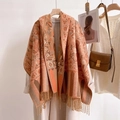 Scialle etnico con motivo paisley e frange arancione marrone caldo effetto cashmere - Piccolo Floreale - Cachi