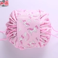 Pink unicorn print lazy cosmetic bag, large capacity portable drawstring travel pouch. - Unicorn