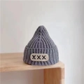 Dark grey knitted baby dinosaur hat with pointed top and embroidered front patch - Children X-Label Hat - Grey