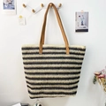 Eco-friendly raffia straw woven tote bag with black and white stripes and leather straps - Black & White Stripes