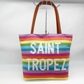 Rainbow striped canvas tote bag with brown straps and Saint Tropez embroidery detail - Multicolor Stripes (Lettered)