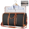Black foldable travel garment bag with brown leather handles and suit hanging feature - With Toiletry Bag / Black and Brown