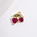 Sparkling cherry pendant in gold finish with red heart gemstone and green leaves - VD1657 Gold Rose Red Zircon Heart Cherry