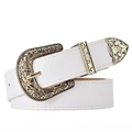 Dettaglio cintura in pelle PU bianca con fibbia e punta in metallo vintage inciso - 105cm / Bianco Con Fibbia Dorata