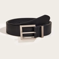 Classic black leather belt with a minimalist silver rectangular buckle on white background - 105cm / Black