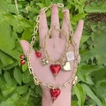 Sweet gold-toned alloy chunky chain bracelet featuring cute cherry and red heart charms - Cherry & Large And Small Light Gold Heart & Heart Square Plate U-shaped Vachette Clasp Gold Necklace (length: 450mm)|1 Strand/package