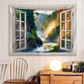Pastoral nature landscape wall tapestry with 3D window and waterfall view - Style 31