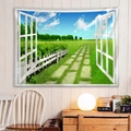 Pastoral window view wall tapestry with green grass and blue sky for home decor - Style 34