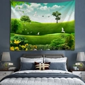 Pastoral landscape wall tapestry featuring green hills and white cranes for bedroom decor - Style 25