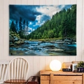 Pastoral forest stream landscape tapestry hanging on a white wooden wall for home decor - Style 19