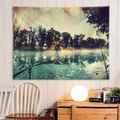 Landscape wall tapestry featuring a misty lake and forest sunrise in blue and gold tones - Style 5