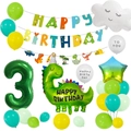 32-inch green dinosaur birthday set with number 3 balloon and Happy Birthday banner - Number 3 Dinosaur Set