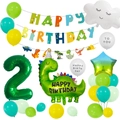 Dinosaur 2nd birthday party set with green number 2 balloon and cartoon banner - Number 2 Dinosaur Set
