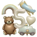 Matte bear and vehicle balloon set with number five for birthday party decoration - Vintage Cream Set 5