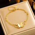 Double-layered stainless steel chain bracelet with gold butterfly pendant and beads - Double Layer Butterfly Bracelet (B1355)