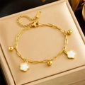 Gold-plated stainless steel paperclip chain bracelet with white flower charms - Gold Five-Petal Flower Bead Charm Style (B1379)