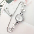 Silver flower charm bracelet watch with crystal accents and adjustable slider clasp - White
